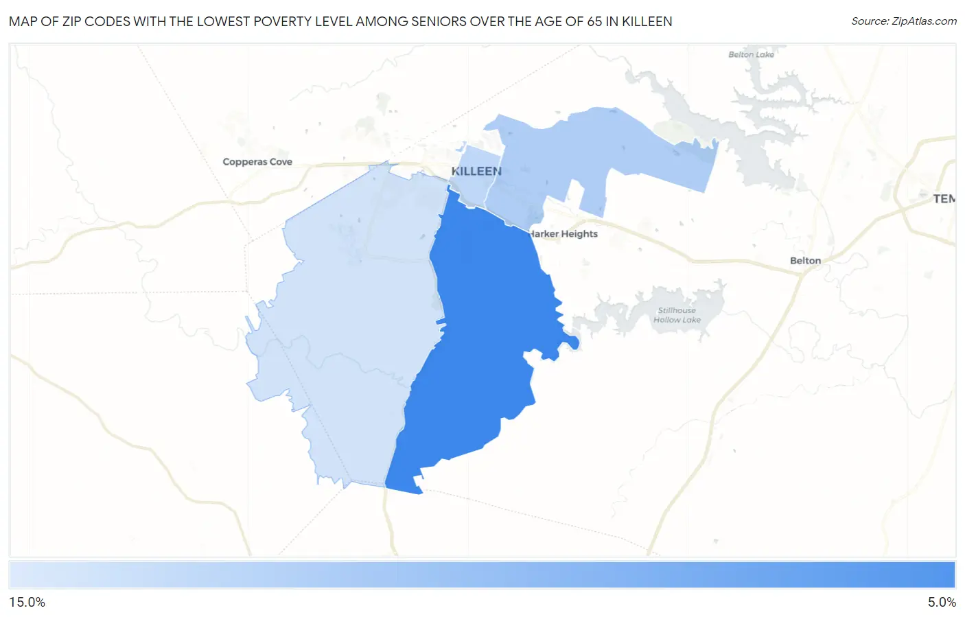 Zip Codes with the Lowest Poverty Level Among Seniors Over the Age of 65 in Killeen Map