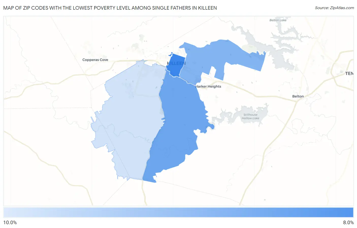 Zip Codes with the Lowest Poverty Level Among Single Fathers in Killeen Map