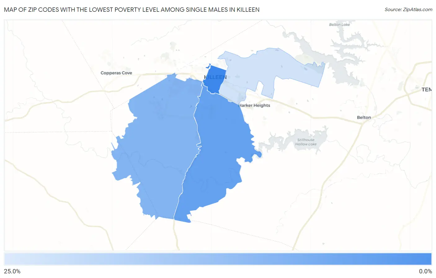 Zip Codes with the Lowest Poverty Level Among Single Males in Killeen Map
