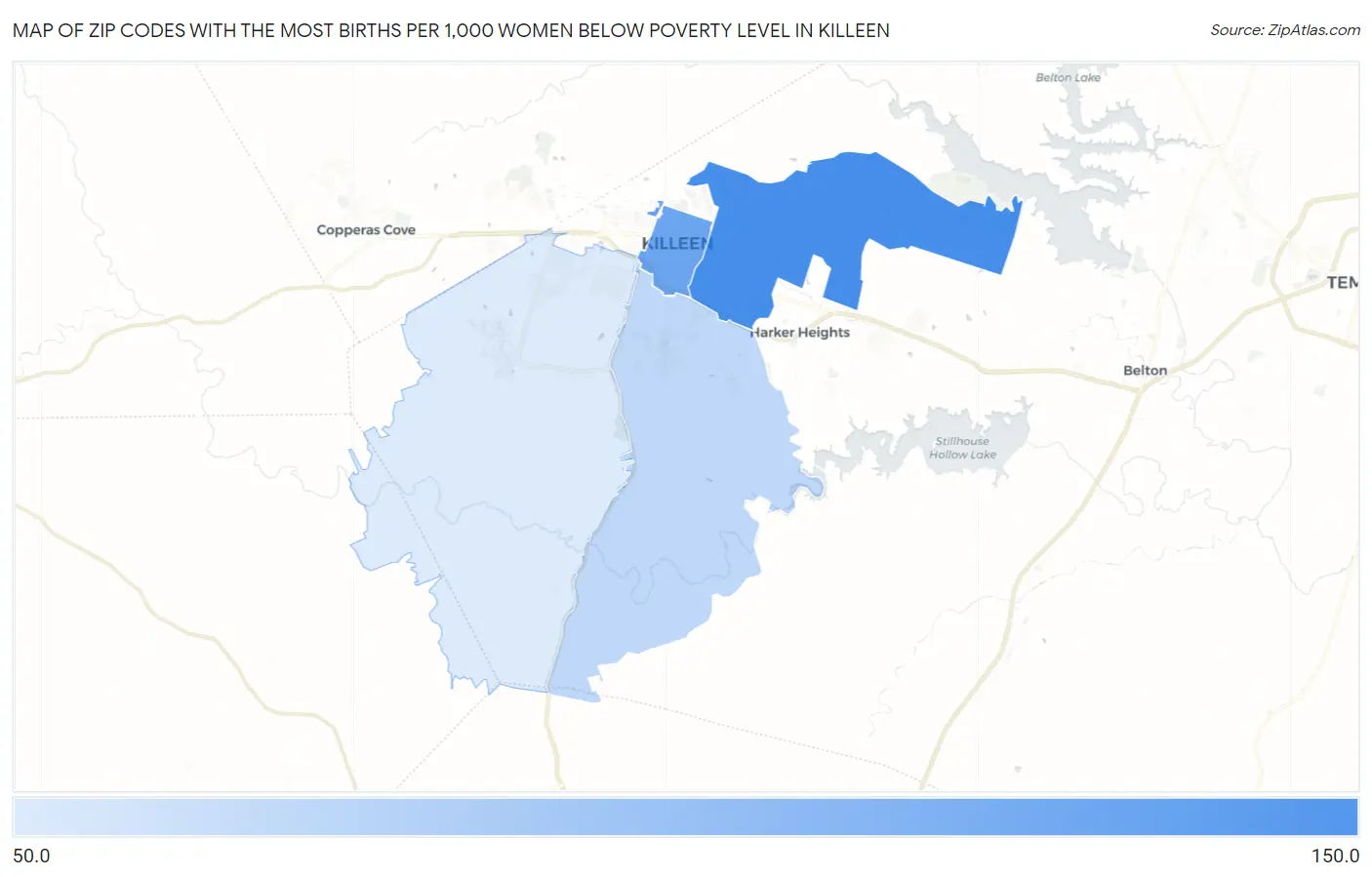 Zip Codes with the Most Births per 1,000 Women Below Poverty Level in Killeen Map