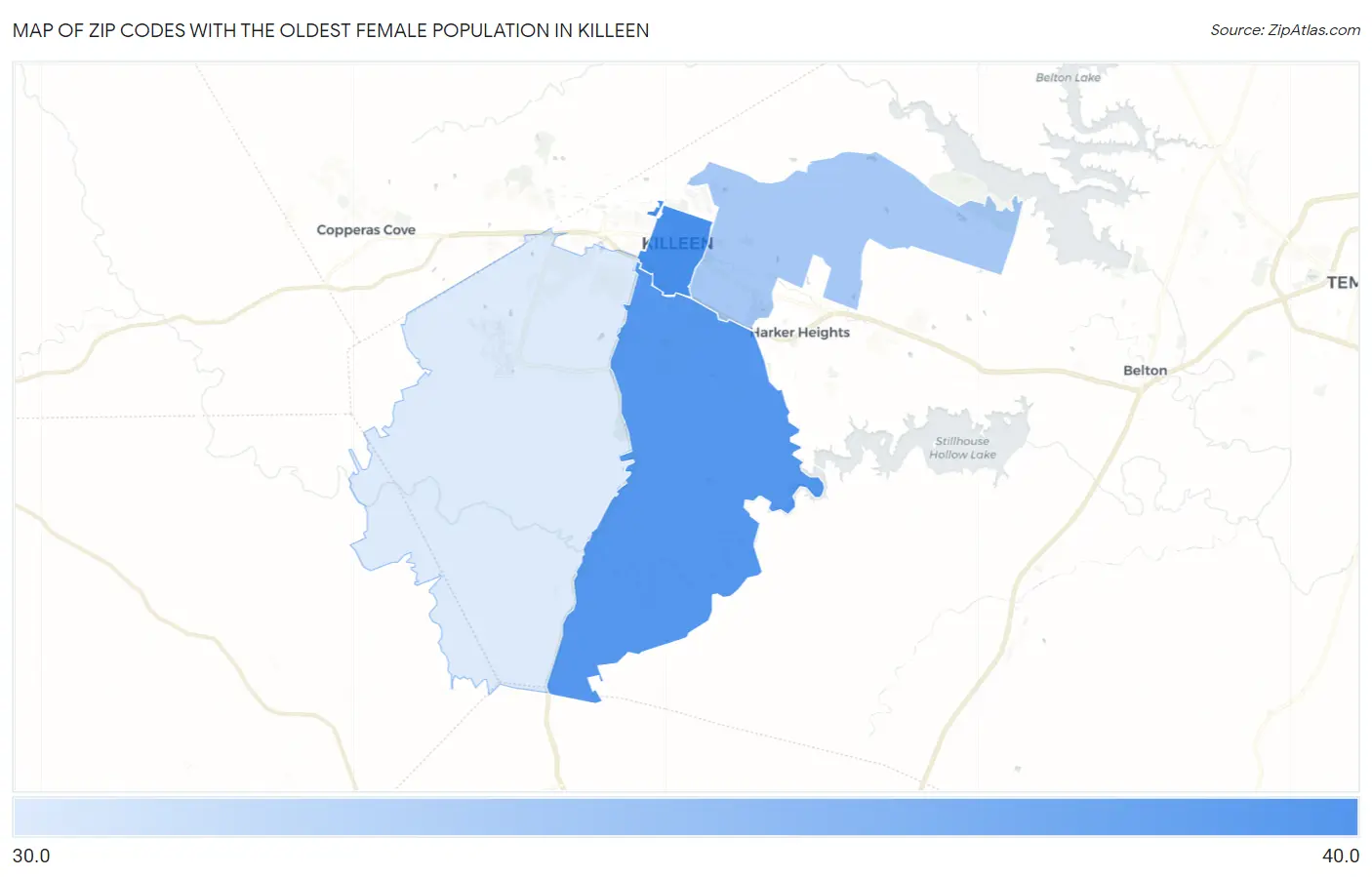Zip Codes with the Oldest Female Population in Killeen Map