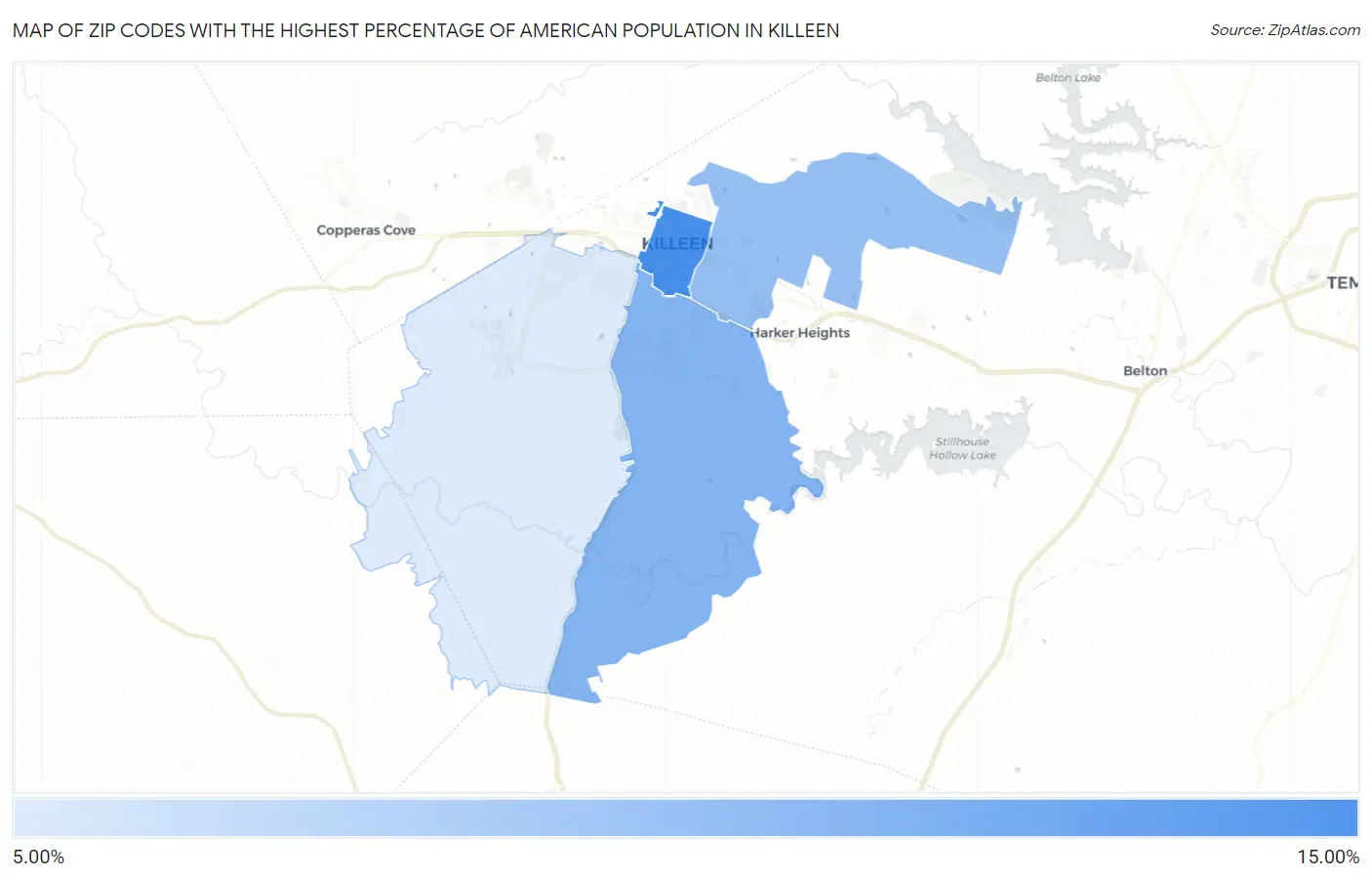 Zip Codes with the Highest Percentage of American Population in Killeen Map