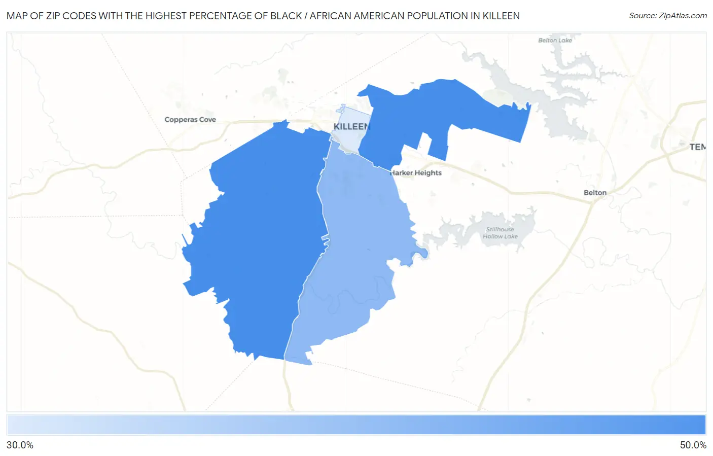 Zip Codes with the Highest Percentage of Black / African American Population in Killeen Map