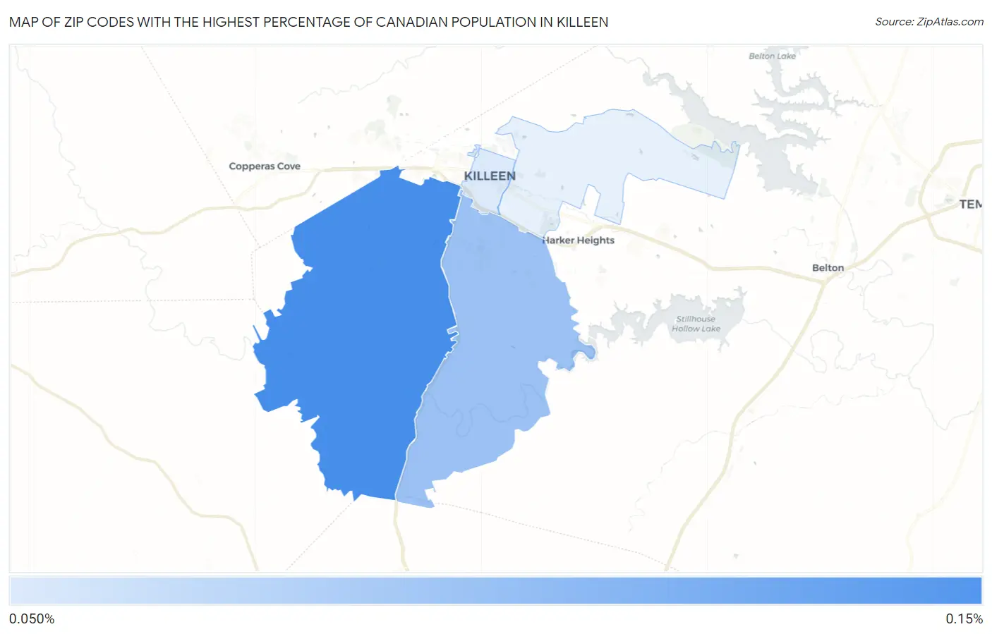 Zip Codes with the Highest Percentage of Canadian Population in Killeen Map