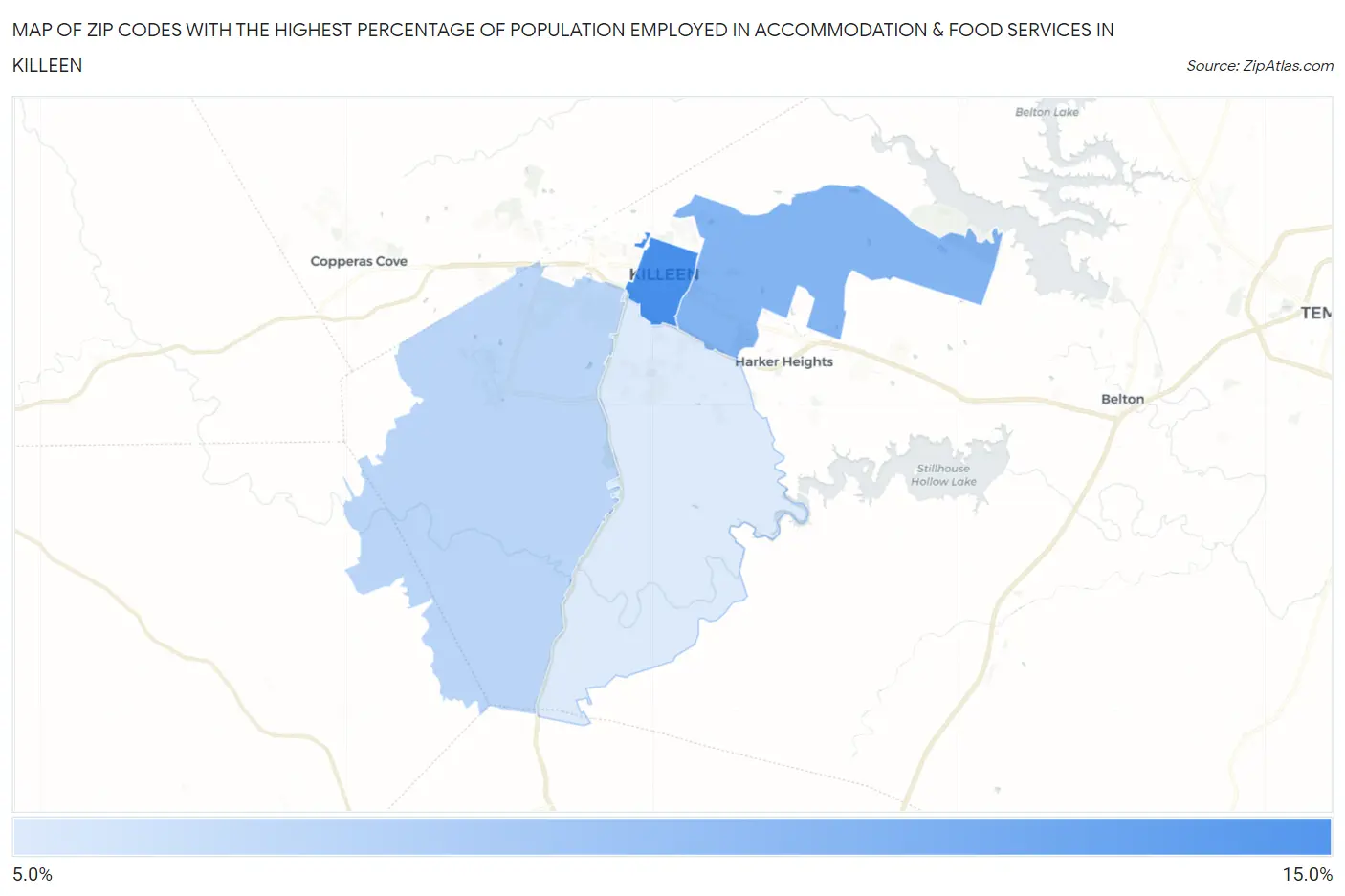 Zip Codes with the Highest Percentage of Population Employed in Accommodation & Food Services in Killeen Map