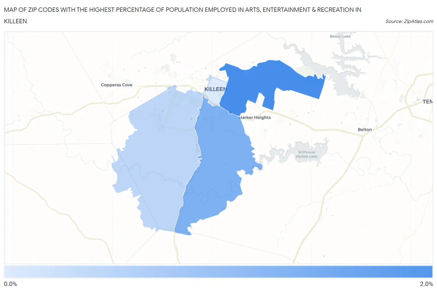 Zip Codes with the Highest Percentage of Population Employed in Arts, Entertainment & Recreation in Killeen Map