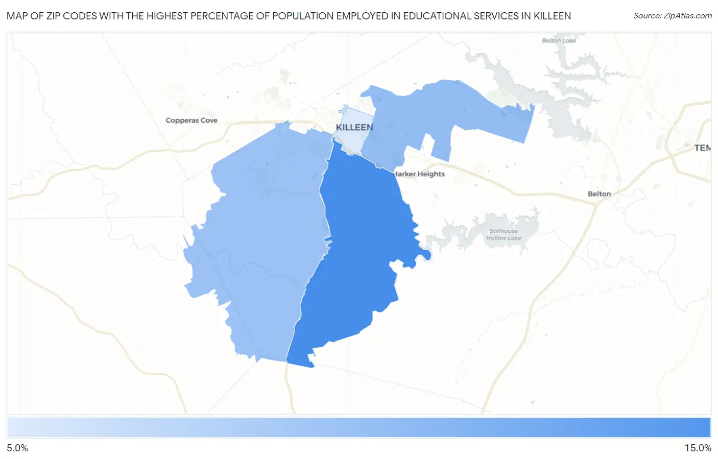 Zip Codes with the Highest Percentage of Population Employed in Educational Services in Killeen Map