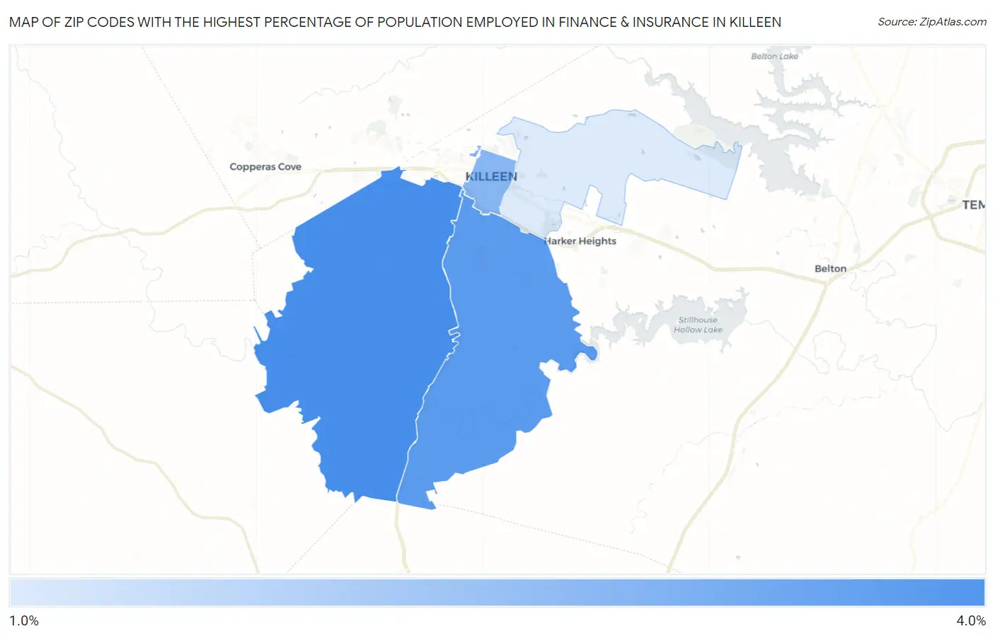 Zip Codes with the Highest Percentage of Population Employed in Finance & Insurance in Killeen Map