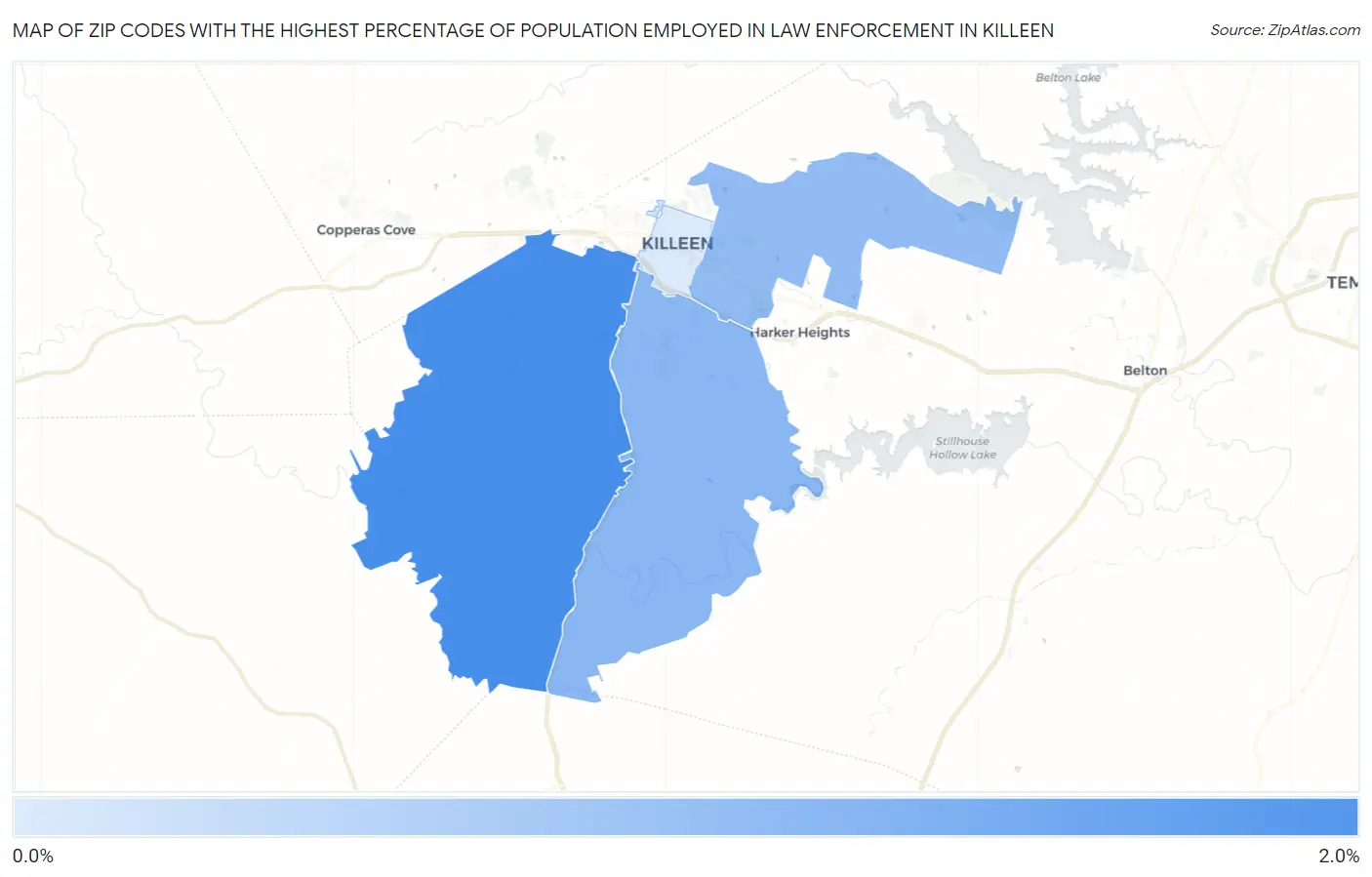 Zip Codes with the Highest Percentage of Population Employed in Law Enforcement in Killeen Map