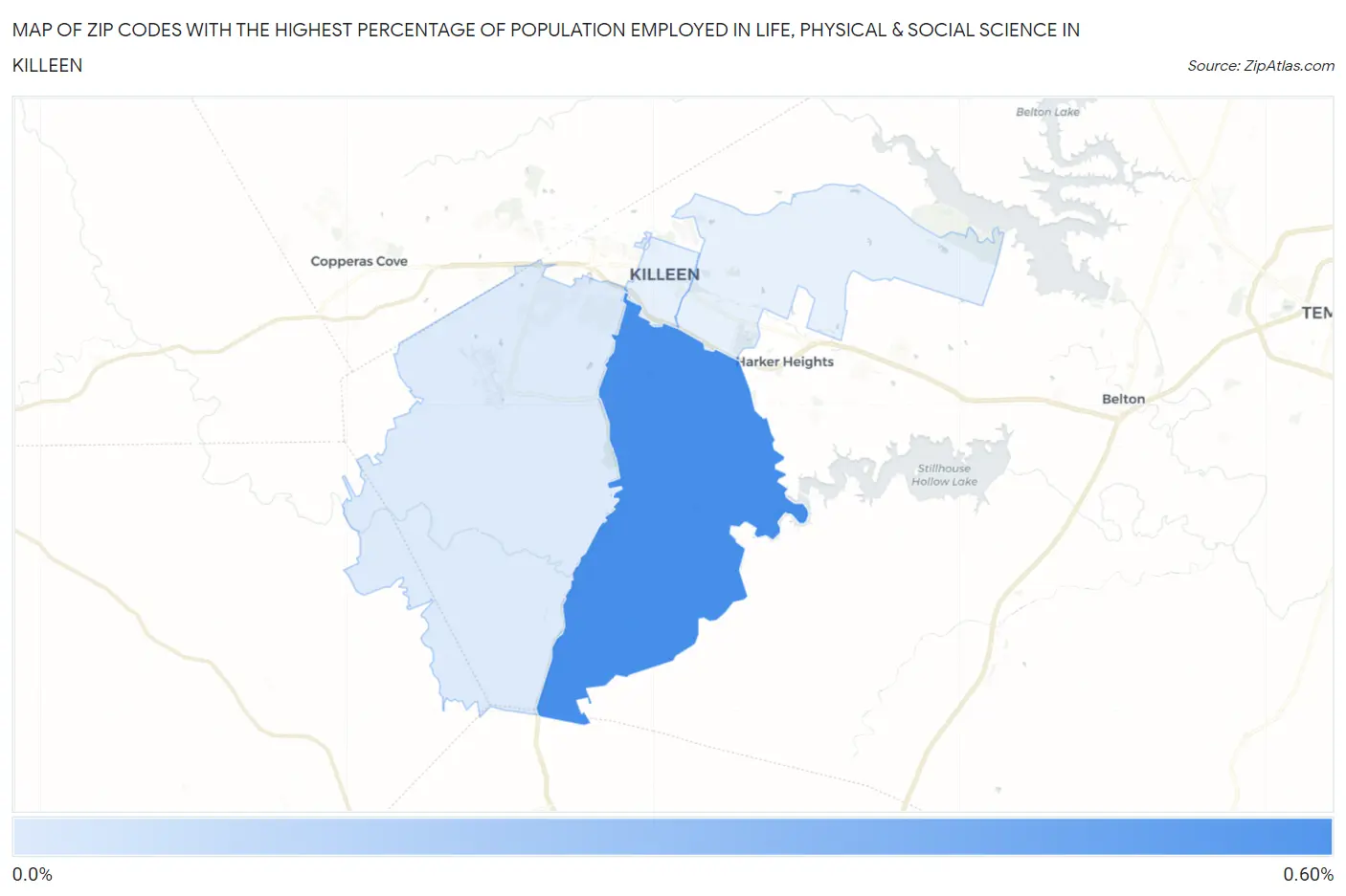 Zip Codes with the Highest Percentage of Population Employed in Life, Physical & Social Science in Killeen Map