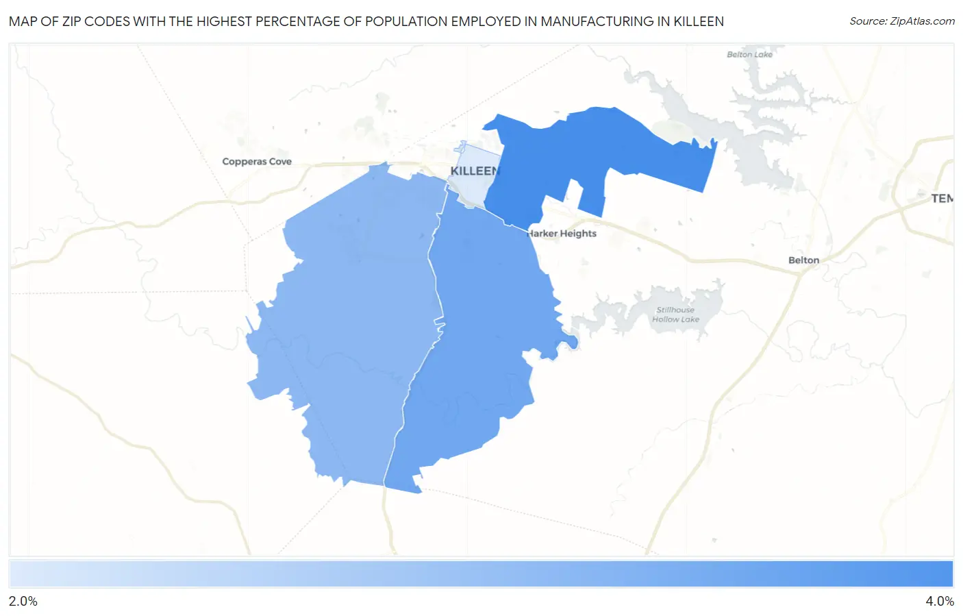 Zip Codes with the Highest Percentage of Population Employed in Manufacturing in Killeen Map