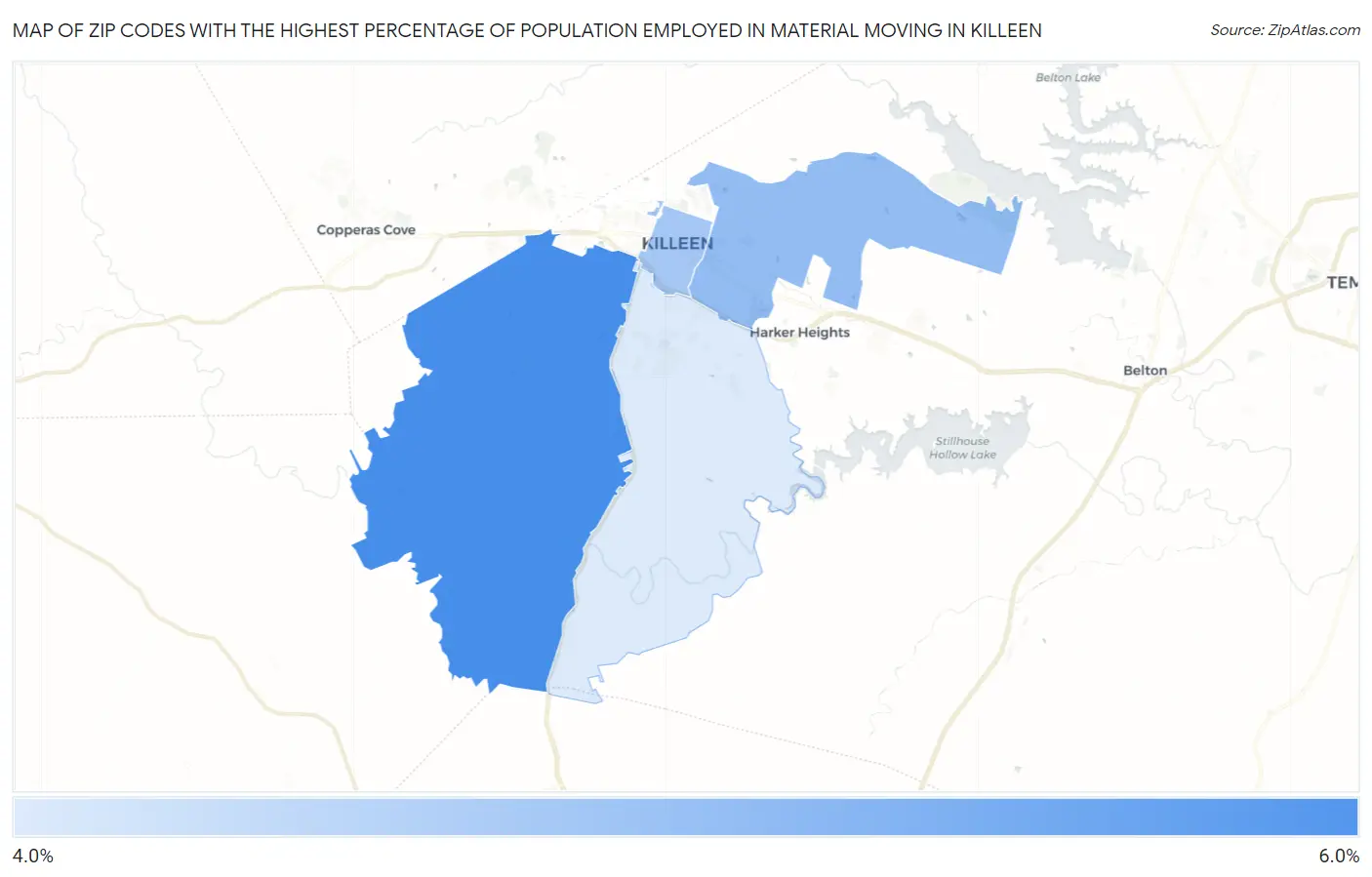 Zip Codes with the Highest Percentage of Population Employed in Material Moving in Killeen Map