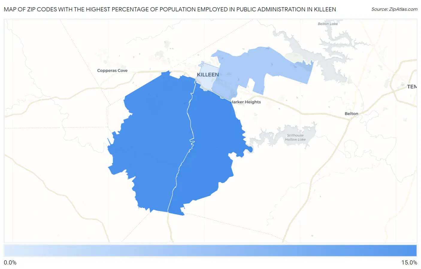 Zip Codes with the Highest Percentage of Population Employed in Public Administration in Killeen Map