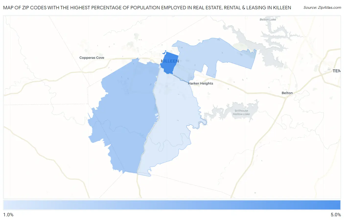 Zip Codes with the Highest Percentage of Population Employed in Real Estate, Rental & Leasing in Killeen Map