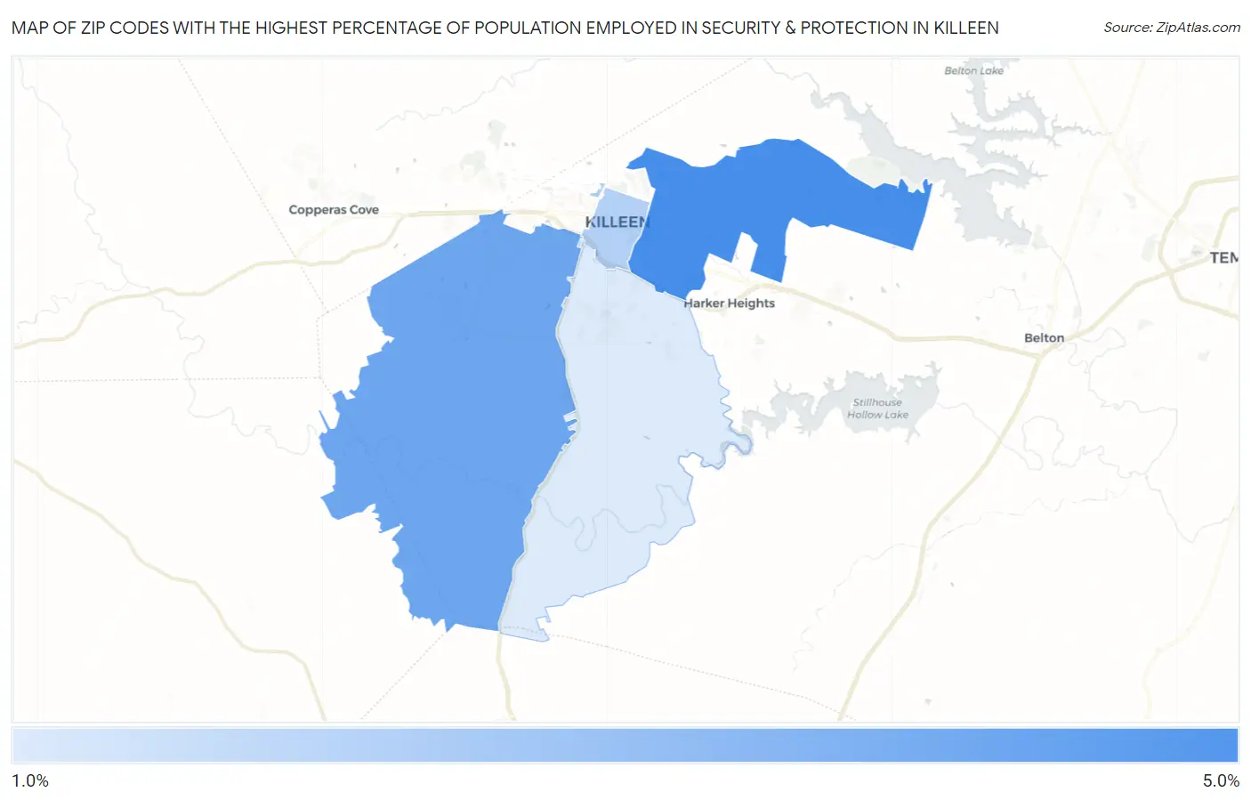 Zip Codes with the Highest Percentage of Population Employed in Security & Protection in Killeen Map