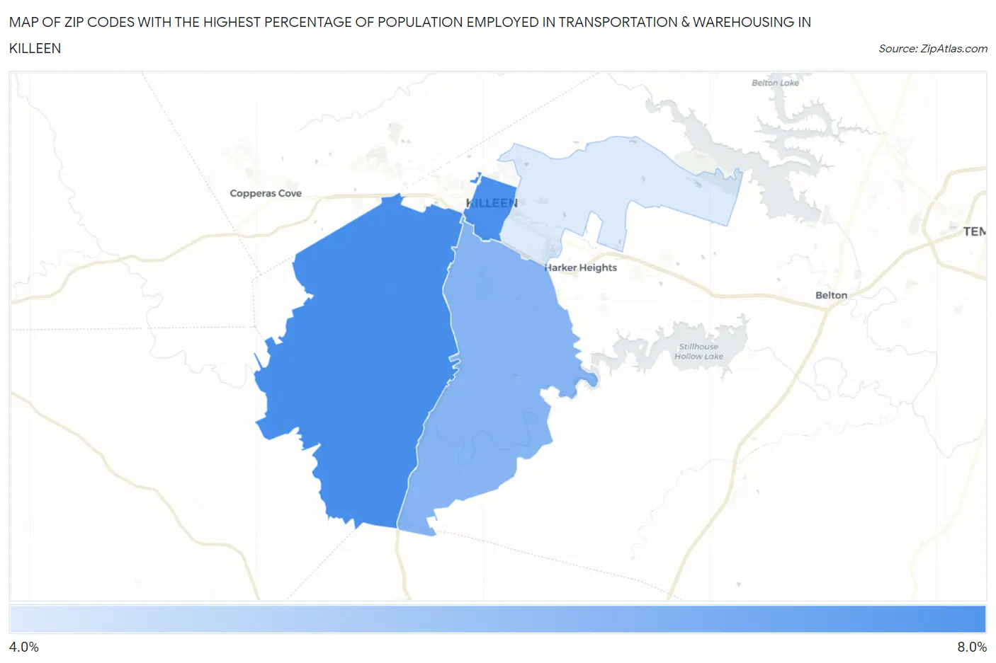 Zip Codes with the Highest Percentage of Population Employed in Transportation & Warehousing in Killeen Map