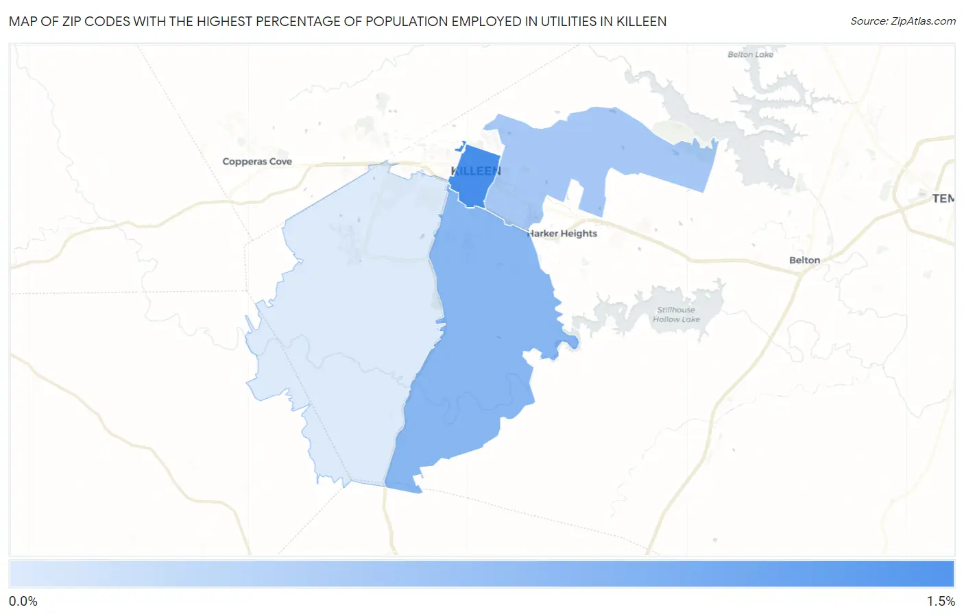 Zip Codes with the Highest Percentage of Population Employed in Utilities in Killeen Map