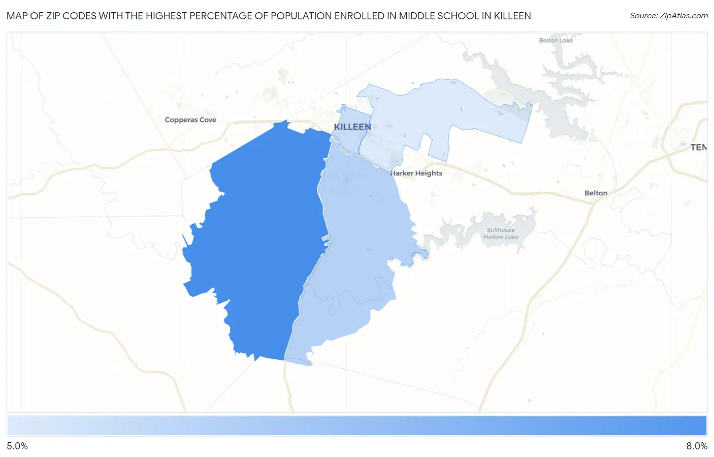 Zip Codes with the Highest Percentage of Population Enrolled in Middle School in Killeen Map