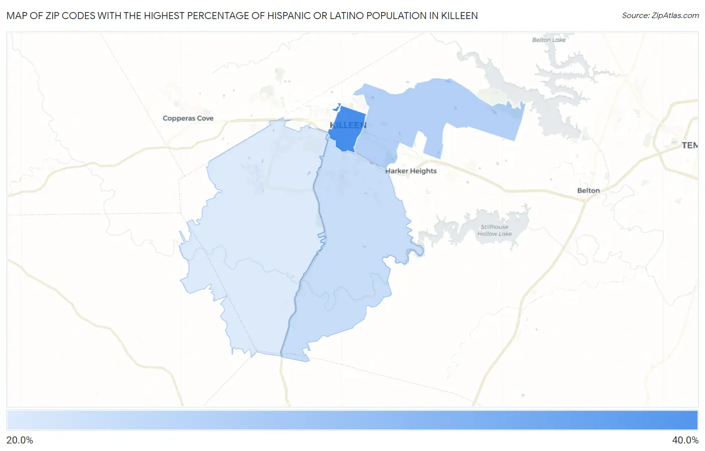 Zip Codes with the Highest Percentage of Hispanic or Latino Population in Killeen Map