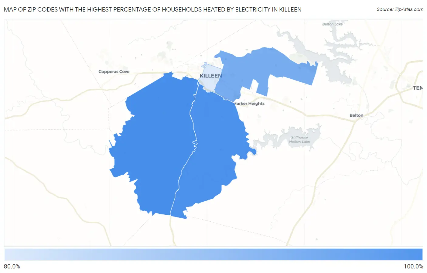 Zip Codes with the Highest Percentage of Households Heated by Electricity in Killeen Map