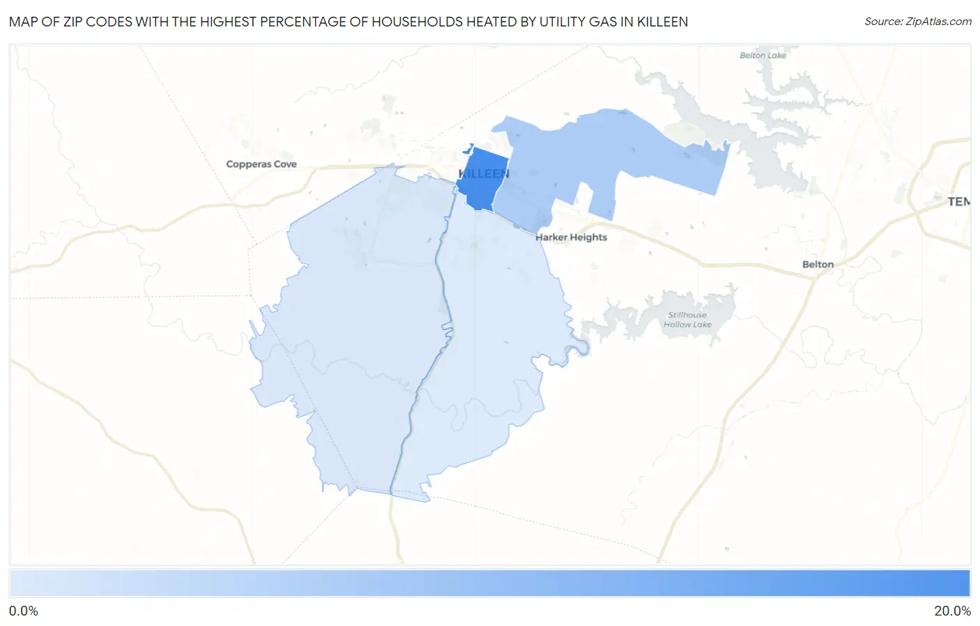 Zip Codes with the Highest Percentage of Households Heated by Utility Gas in Killeen Map
