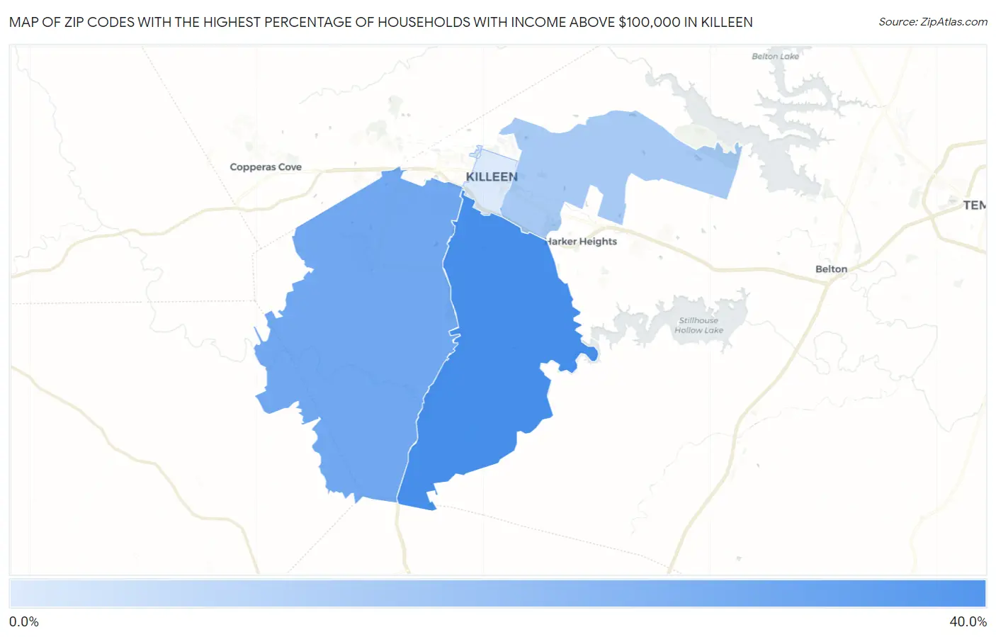 Zip Codes with the Highest Percentage of Households with Income Above $100,000 in Killeen Map