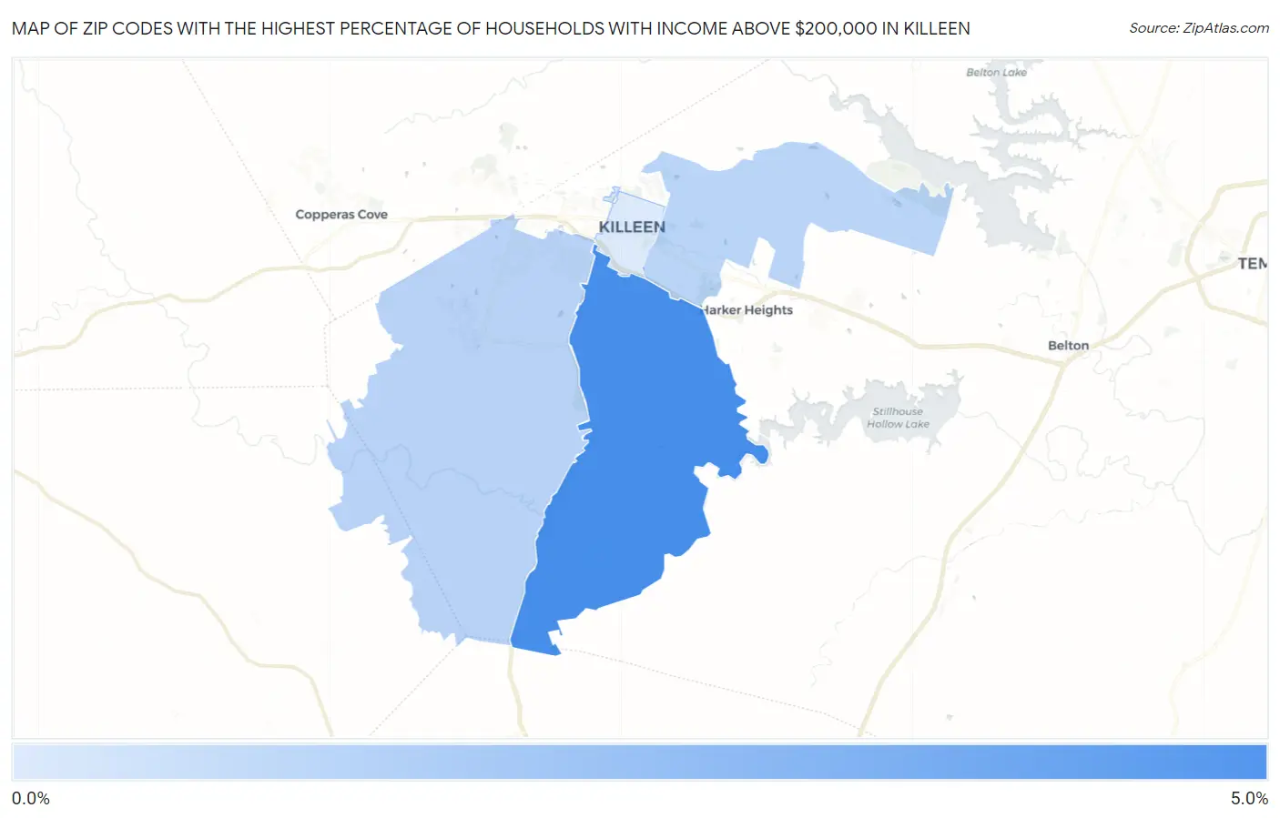 Zip Codes with the Highest Percentage of Households with Income Above $200,000 in Killeen Map