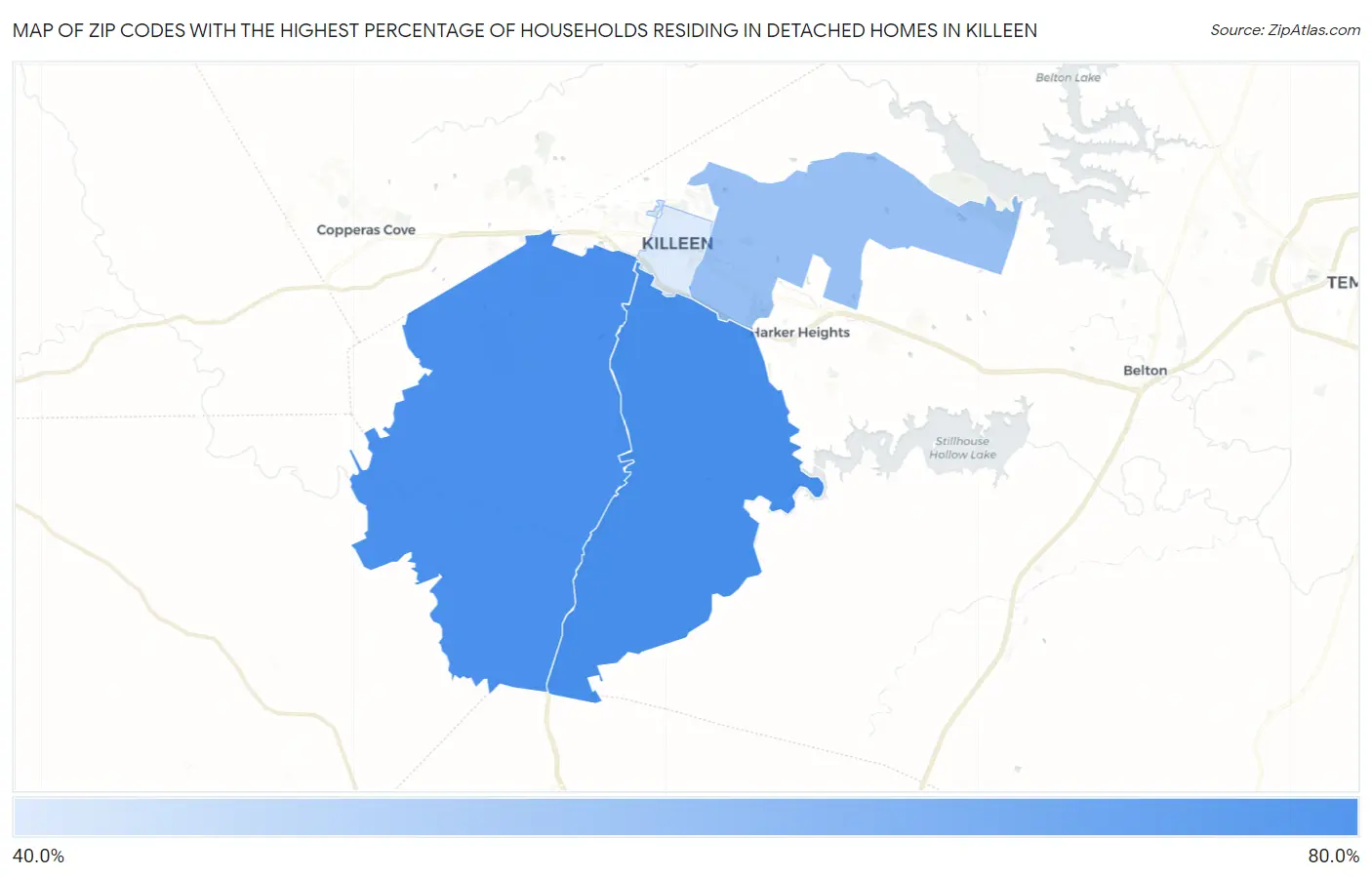 Zip Codes with the Highest Percentage of Households Residing in Detached Homes in Killeen Map