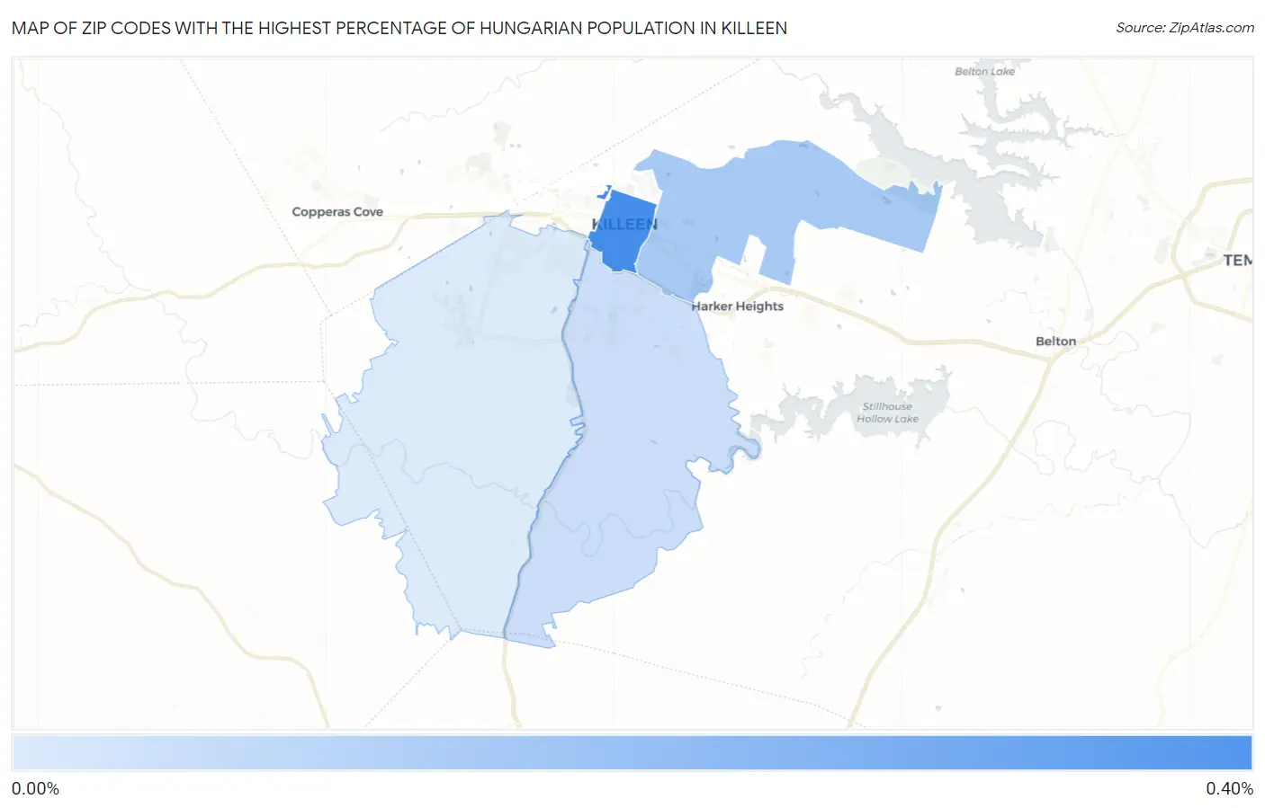 Zip Codes with the Highest Percentage of Hungarian Population in Killeen Map