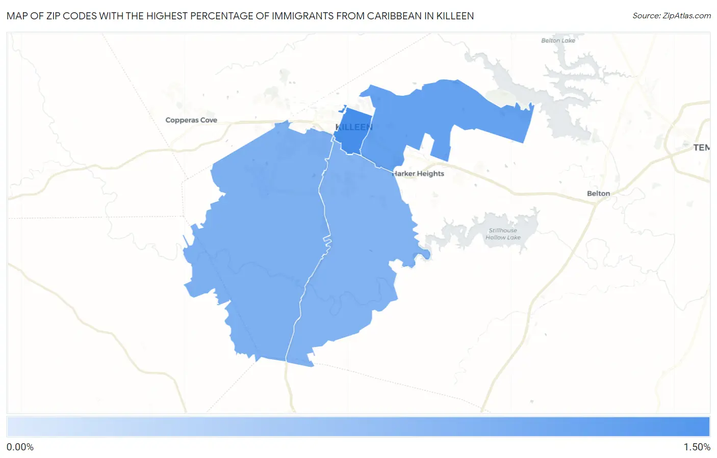 Zip Codes with the Highest Percentage of Immigrants from Caribbean in Killeen Map