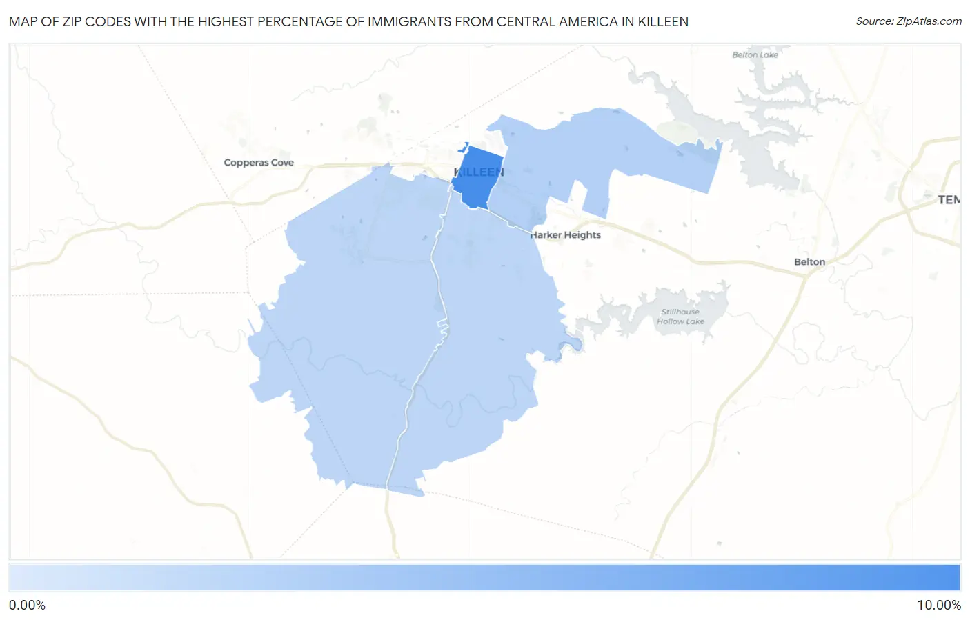 Zip Codes with the Highest Percentage of Immigrants from Central America in Killeen Map