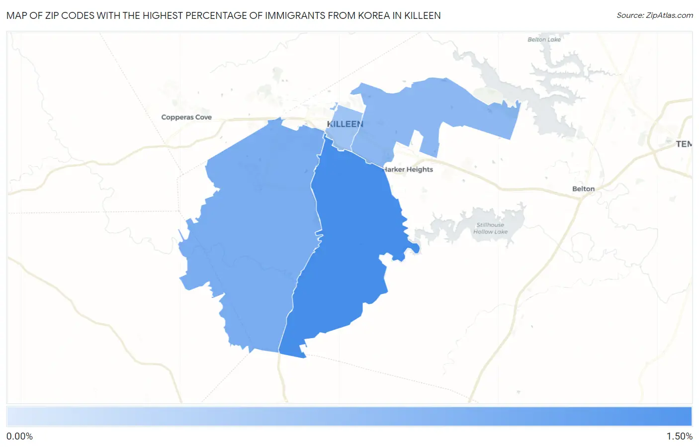 Zip Codes with the Highest Percentage of Immigrants from Korea in Killeen Map