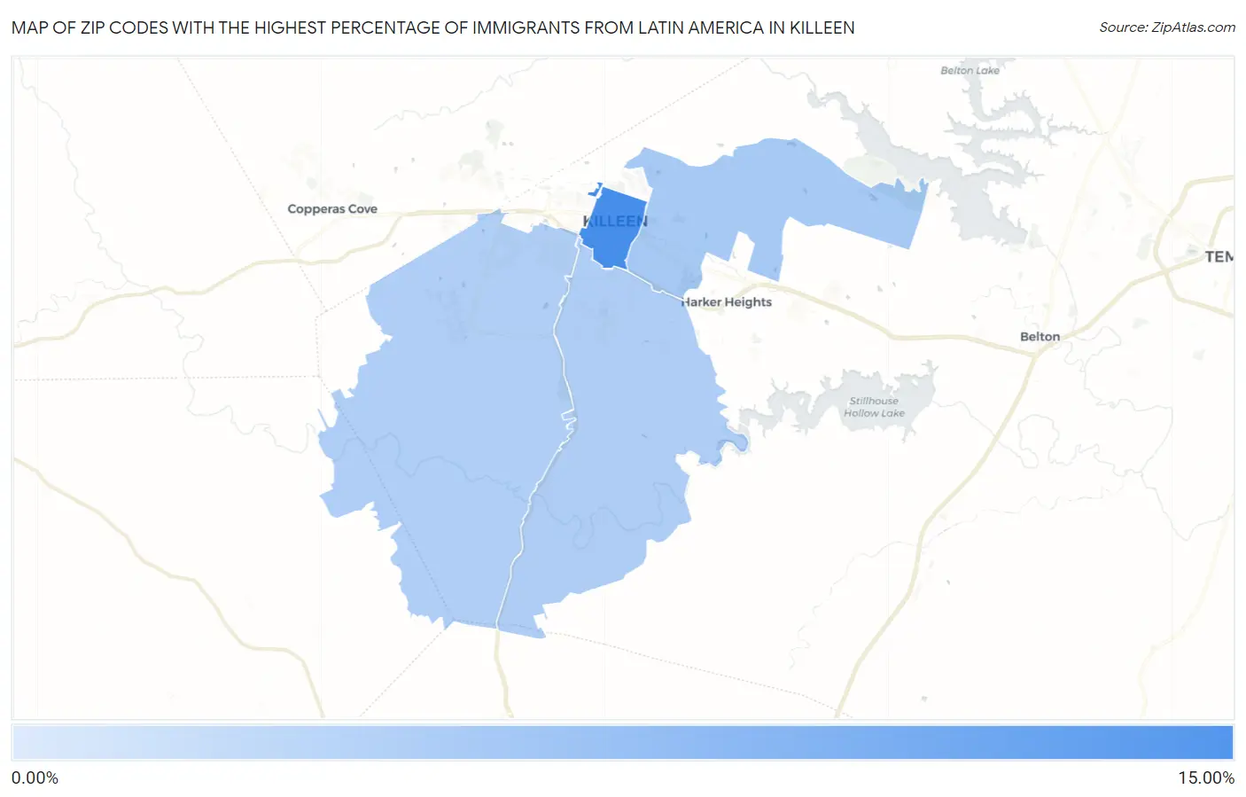 Zip Codes with the Highest Percentage of Immigrants from Latin America in Killeen Map
