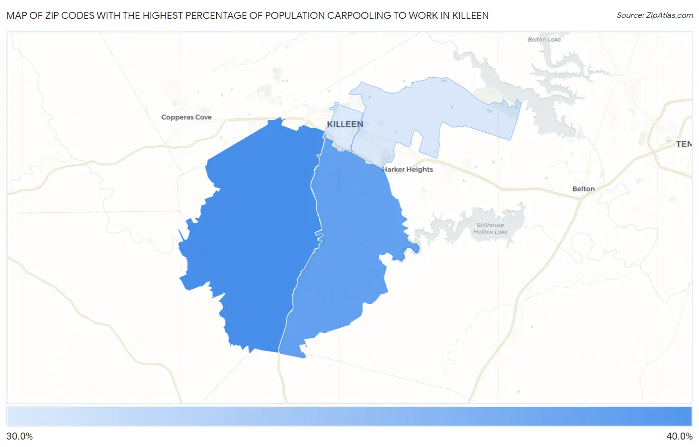 Zip Codes with the Highest Percentage of Population Carpooling to Work in Killeen Map