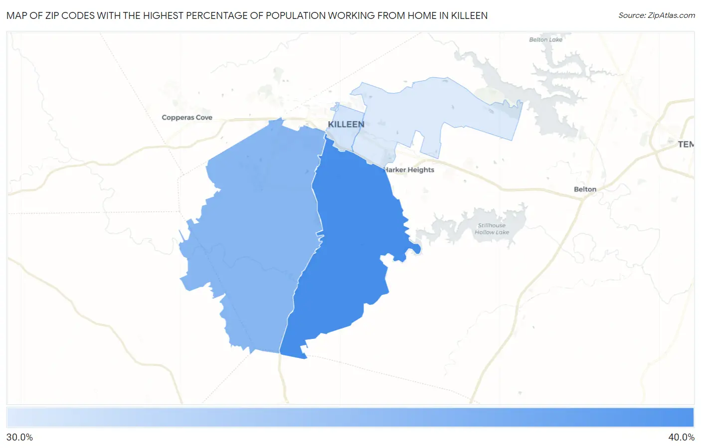 Zip Codes with the Highest Percentage of Population Working from Home in Killeen Map