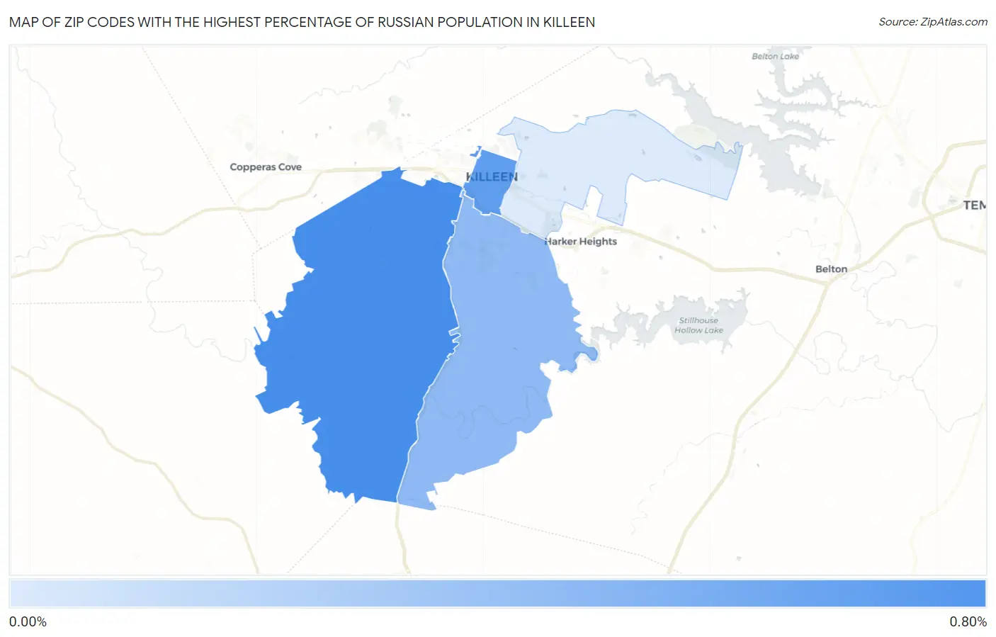 Zip Codes with the Highest Percentage of Russian Population in Killeen Map
