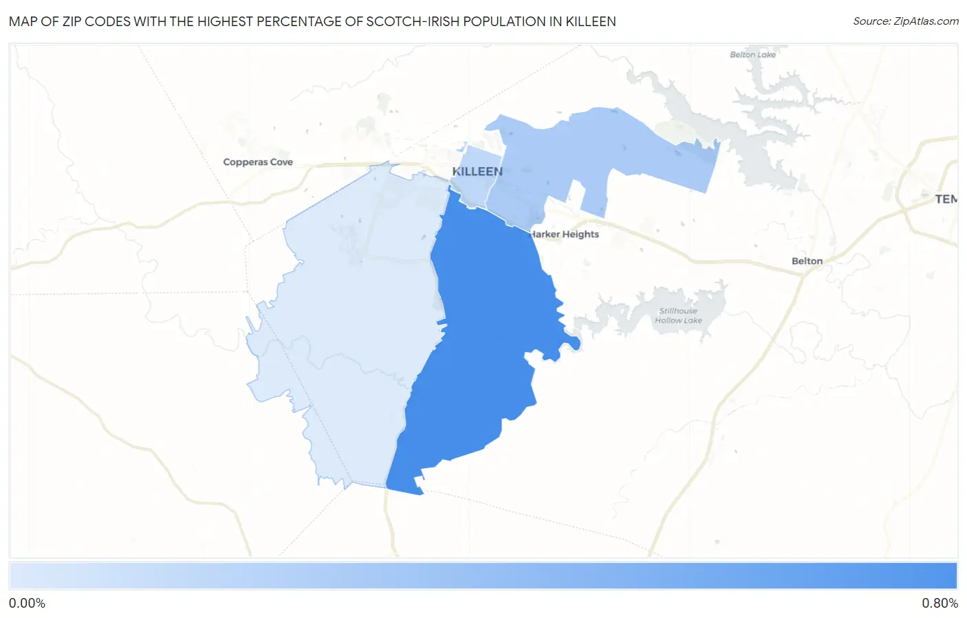 Zip Codes with the Highest Percentage of Scotch-Irish Population in Killeen Map