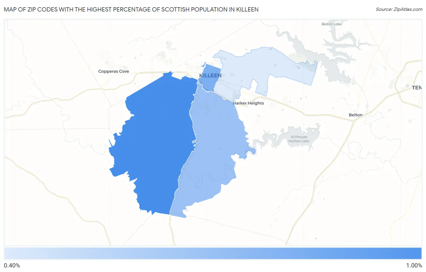 Zip Codes with the Highest Percentage of Scottish Population in Killeen Map