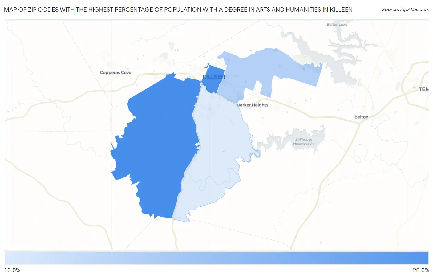 Zip Codes with the Highest Percentage of Population with a Degree in Arts and Humanities in Killeen Map