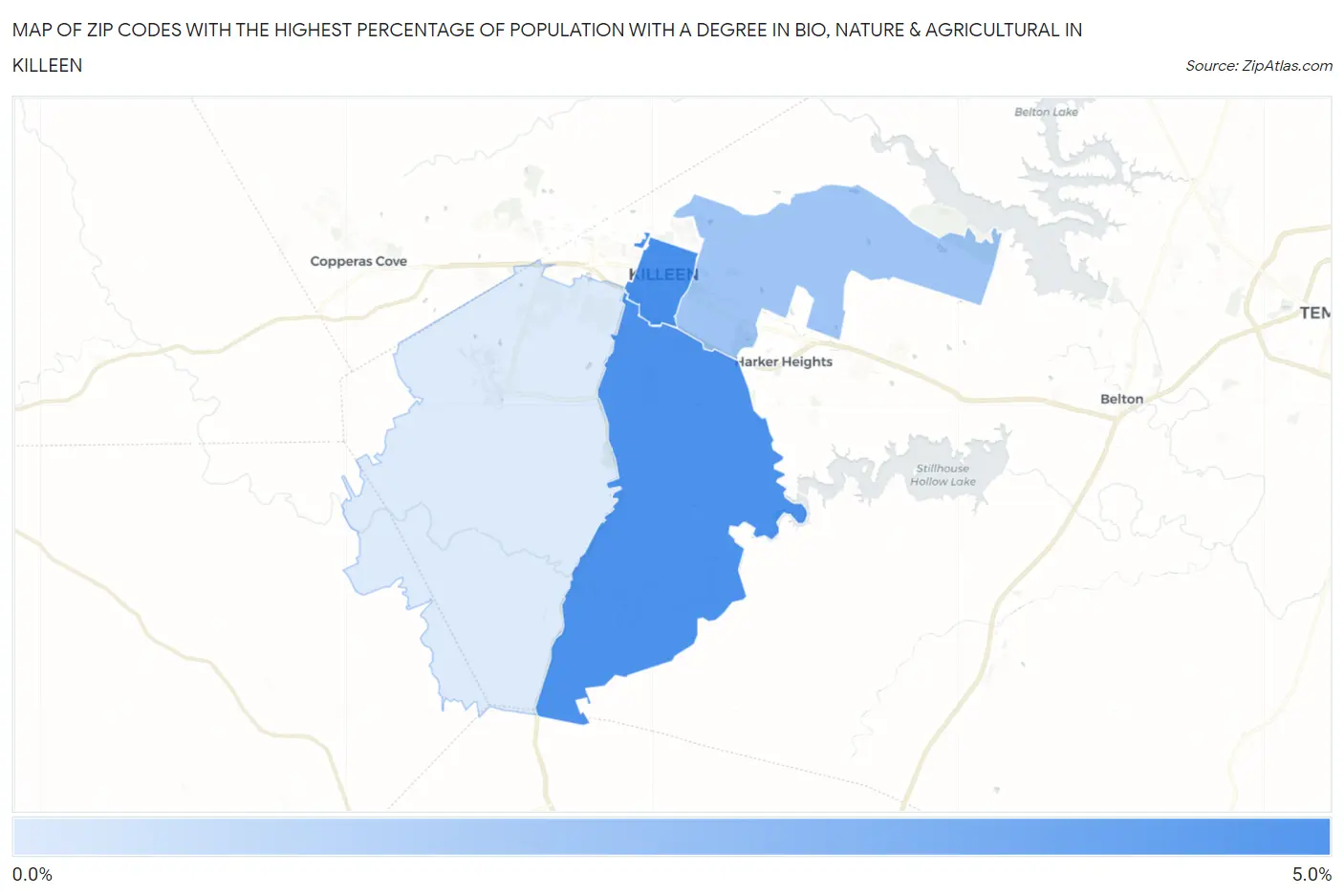Zip Codes with the Highest Percentage of Population with a Degree in Bio, Nature & Agricultural in Killeen Map