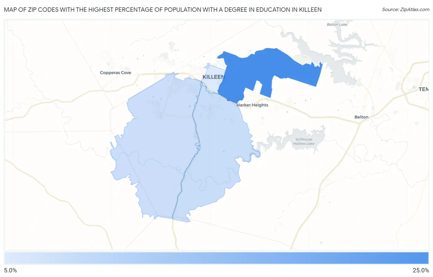 Zip Codes with the Highest Percentage of Population with a Degree in Education in Killeen Map