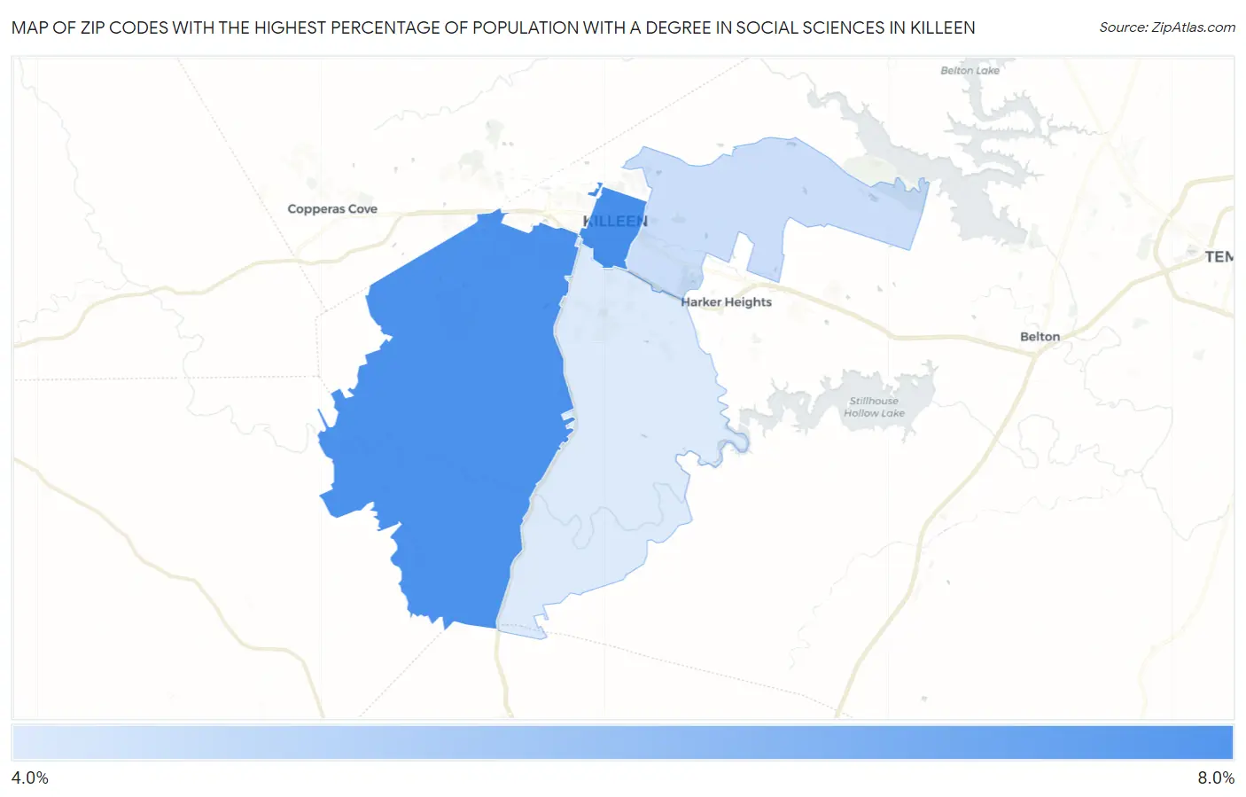 Zip Codes with the Highest Percentage of Population with a Degree in Social Sciences in Killeen Map