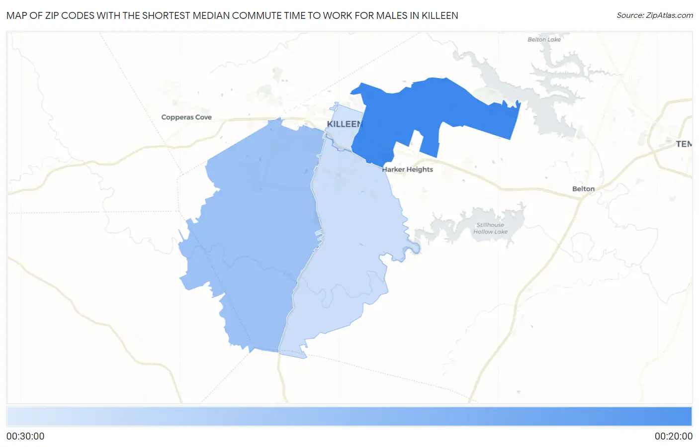Zip Codes with the Shortest Median Commute Time to Work for Males in Killeen Map
