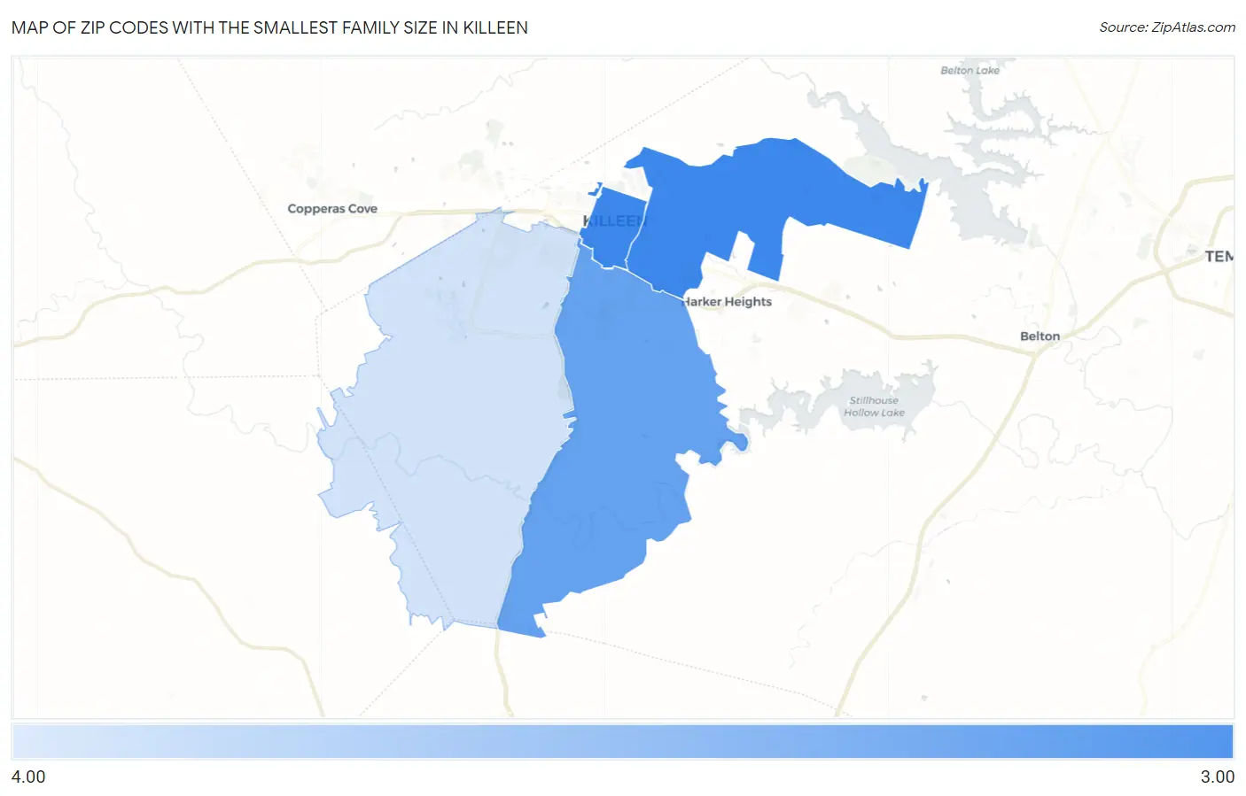 Zip Codes with the Smallest Family Size in Killeen Map