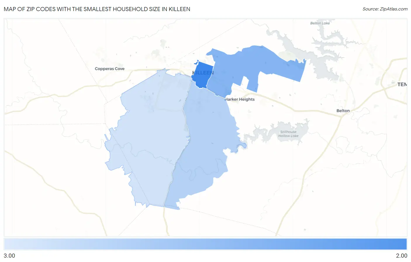 Zip Codes with the Smallest Household Size in Killeen Map