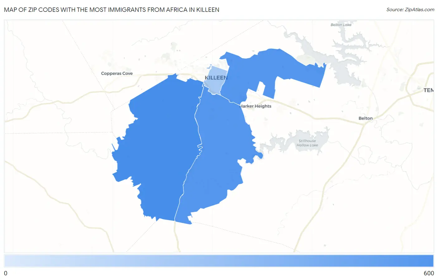 Zip Codes with the Most Immigrants from Africa in Killeen Map