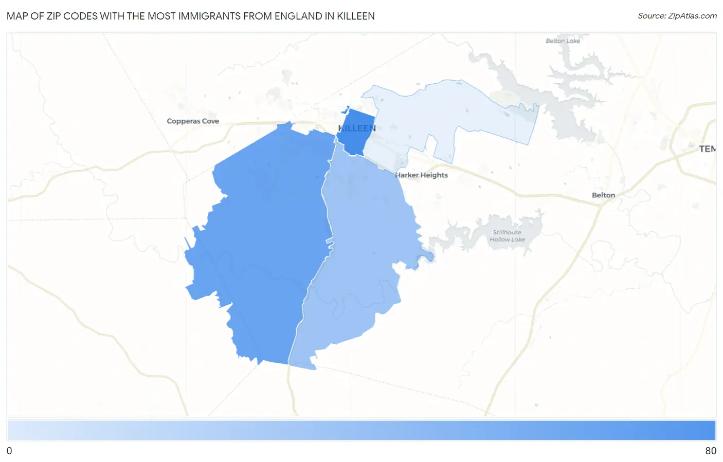 Zip Codes with the Most Immigrants from England in Killeen Map