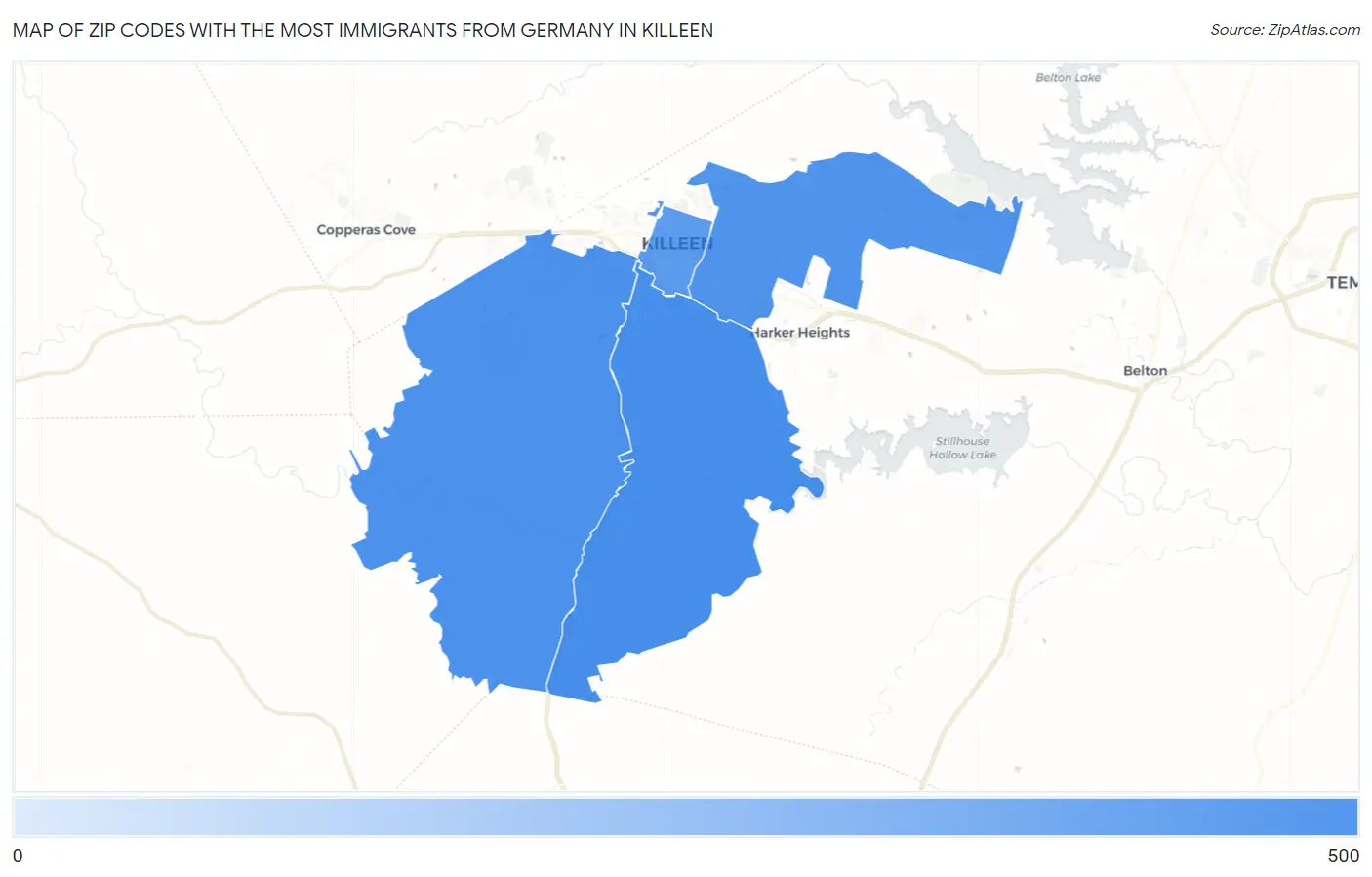Zip Codes with the Most Immigrants from Germany in Killeen Map