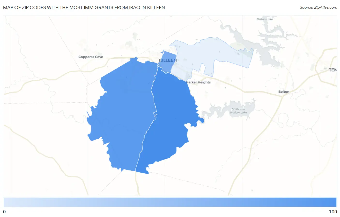 Zip Codes with the Most Immigrants from Iraq in Killeen Map