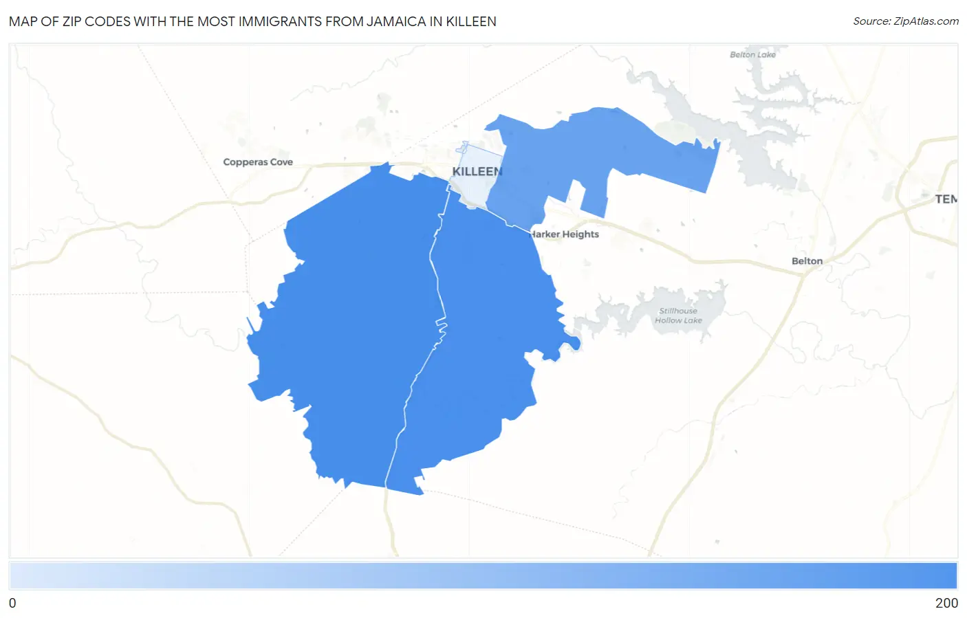 Zip Codes with the Most Immigrants from Jamaica in Killeen Map